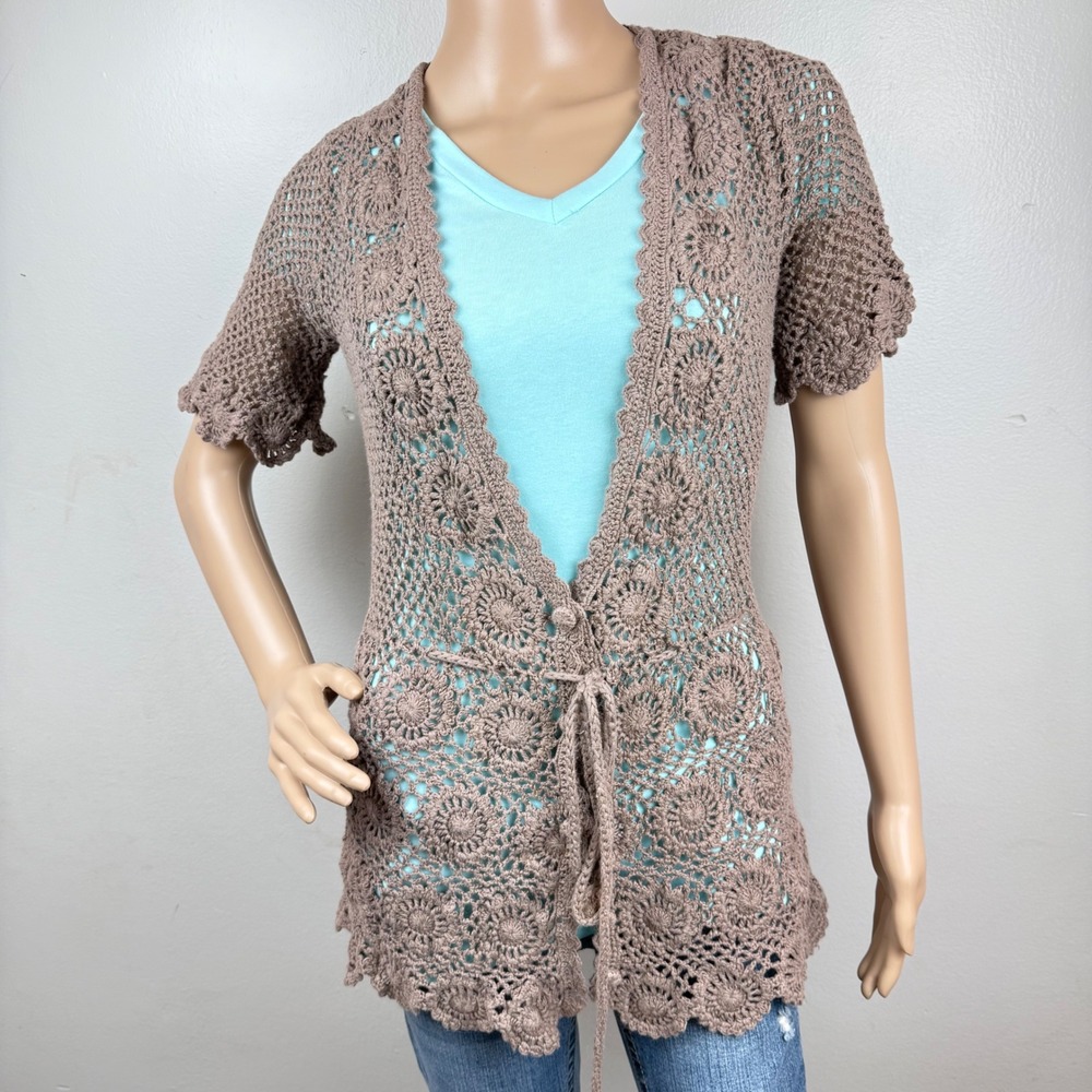 Liz Claiborne Brown Crochet Granola Cardigan Boho Floral‎ Knit Summer Layering M